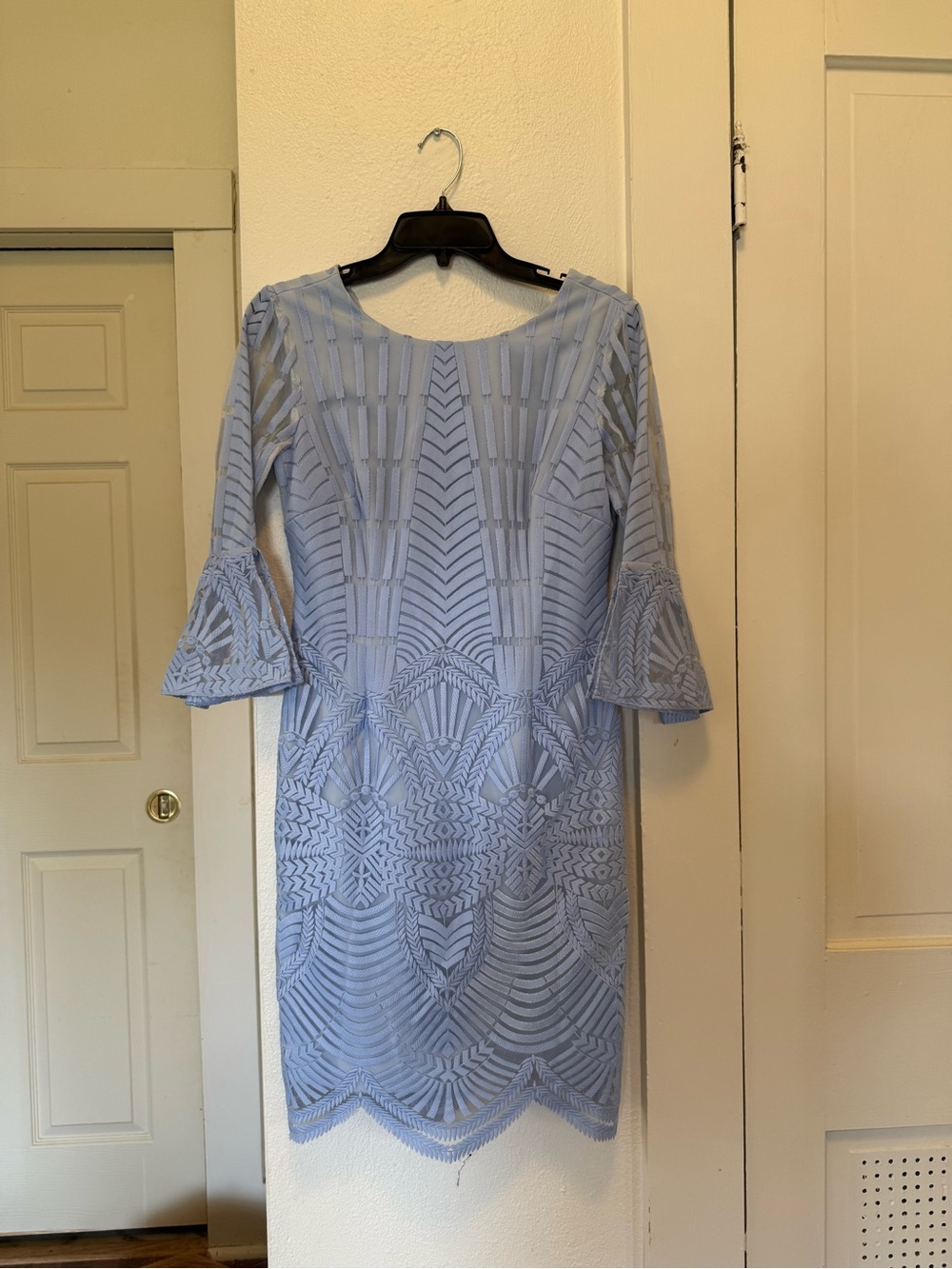 ANTONIO MELANI Light Blue Lace Sheath Dress with Bell Sleeves